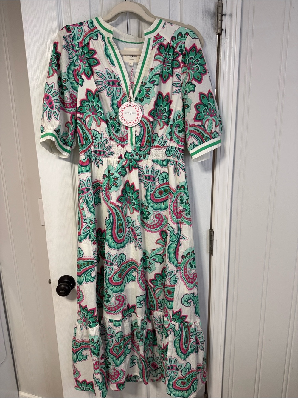 Umgee Cream Maxi Dress with Green & Pink Paisley Print - Picture 4 of 4